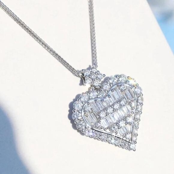 BAGUETTE STERLING SILVER DIAMOND HEART NECKLACE, NICE NECKLACE, CUTE NECKLACE - Picture 4 of 6